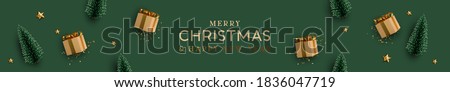 Christmas banner. Background Xmas design of realistic beige gifts box, decorative green tree pine, gold star, golden tinsel confetti. Horizontal Christmas header for website template, flat top view.