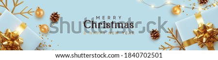 Christmas blue banner. Background Xmas design of realistic blue gifts box, golden 3d render snowflake and glitter gold confetti, bauble ball. Horizontal poster, greeting card, headers for website