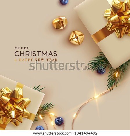 Merry Christmas and Happy New Year. Background Xmas design realistic gifts box, festive decorative objects. flat lay top view. Christmas poster, holiday banner, flyer, stylish brochure, greeting card