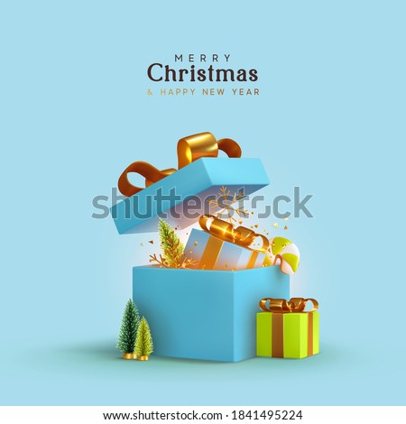 New Year and Christmas design. Realistic blue gifts boxes. Open gift box full of decorative festive object. Holiday banner, web poster, flyer, stylish brochure, greeting card, cover. Xmas background