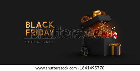 Black Friday Super Sale. Realistic black gifts boxes. Open gift box full of decorative festive object. Golden text lettering. New Year and Christmas design. Xmas background. vector illustration