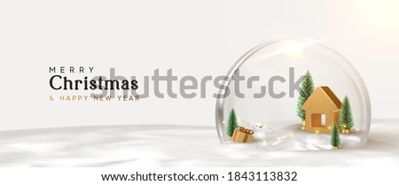 Happy New Year and Merry Christmas banner. Xmas Snowball with trees and house. Glass snow globe realistic 3d design. Festive Christmas object. Holiday poster, header for website, greeting card, flyer