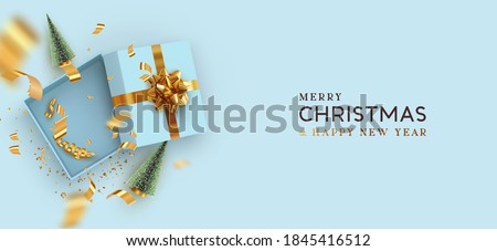 Merry christmas and Happy New Year template with open gift box. Xmas design Realistic decorative objects. Sale banner, surprise poster, flyer and brochure. mock up holiday. vector flat lay, top view