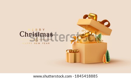 Realistic beige gifts boxes. Open gift box full of decorative festive object. New Year and Christmas design. Holiday banner, web poster, flyer, stylish brochure, greeting card, cover. Xmas background