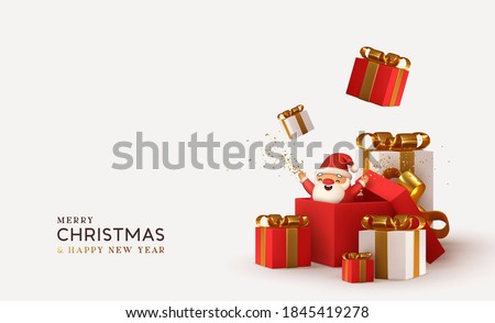 Merry christmas and Happy New Year. Realistic pile gifts boxes. Open gift box full with Santa Claus inside. Holiday banner, web poster, flyer, stylish brochure, greeting card, cover. Xmas background