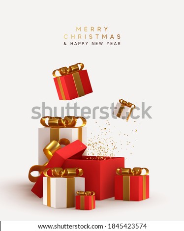 Realistic pile white and red gifts boxes. Open gift box. Decorative festive object. New Year and Christmas design. Holiday banner, poster, flyer, stylish brochure, greeting card, Xmas background