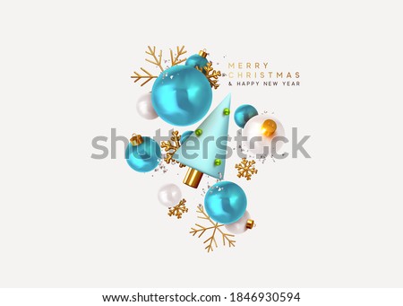 Merry Christmas and Happy New Year. Xmas Festive background with realistic 3d objects, blue and white bauble balls, conical metal christmas tree. Gold snowflake. Levitation falling design composition.