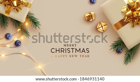 Merry Christmas and Happy New Year. Background Xmas design realistic gifts box, festive decorative objects. flat lay top view. Christmas poster, holiday banner, flyer, stylish brochure, greeting card