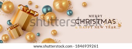 Christmas banner. Background Xmas design of realistic brown gift box, 3d render blue and golden bauble ball and glitter gold confetti. Horizontal christmas poster, greeting card, headers for website