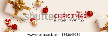 Christmas banner. Background Xmas design of realistic white gifts box, 3d cane candy cookie, red bauble balls, golden glitter confetti. Horizontal christmas poster, greeting card, headers for website