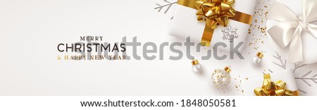 Christmas banner. Background Xmas design of realistic white gift box, silver 3d render snowflake and glitter gold confetti, bauble ball. Horizontal christmas poster, greeting card, headers for website