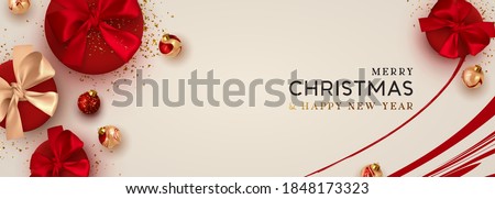 Christmas banner. Background Xmas design of realistic red gift box, 3d render bauble ball and glitter gold confetti. Horizontal christmas poster, greeting card, headers for website. Happy New Year.