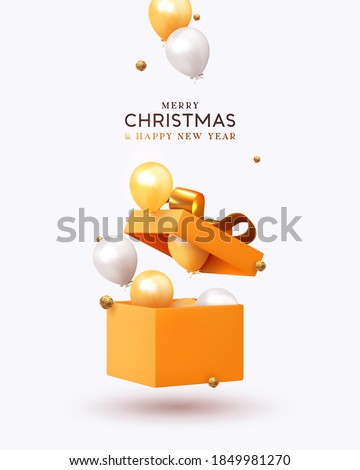 Merry Christmas and Happy New Year. Xmas design realistic gifts box, falling helium balloons, 3d golden chocolate candies. Holiday gift background. Poster, banner, brochure, flyer. vector illustration