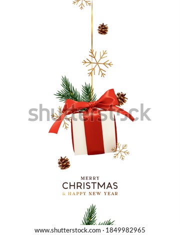 Merry Christmas and Happy New Year. Background with realistic festive gifts box. Xmas present. white boxes with red ribbon gift surprise. Decorative ornament gold snowflake, pine cone, spruce branches