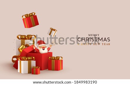 Christmas and New Year design. Realistic white and red gifts boxes. Open gift box. surprise funny santa claus. Holiday banner, poster, flyer, stylish brochure, greeting card, cover. Xmas background