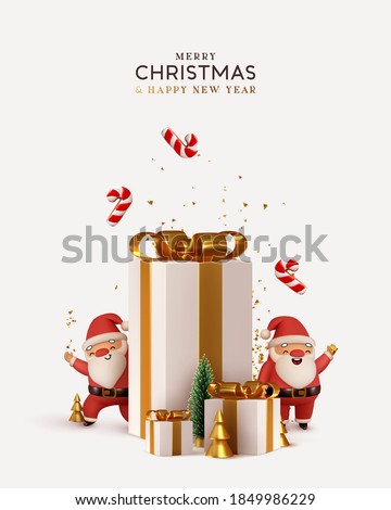 Christmas and New Year background. Pile gift box realistic 3d santa claus. Xmas pine fir lush tree. Conical Abstract Gold Christmas Trees. Winter holiday composition. Greeting card, banner, web poster