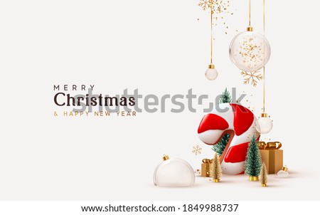 Christmas and New Year background. Xmas pine fir lush tree. Candy cane from cookies, golden gifts box. Glass Balls hanging on ribbon. Bright Winter holiday composition. Greeting card, banner, poster 商業照片 © 