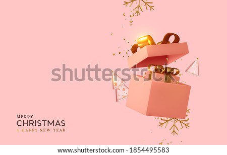 New Year and Christmas design. Realistic pink gifts boxes. Open gift box full of decorative festive object. Holiday banner, web poster, flyer, stylish brochure, greeting card, cover. Xmas background
