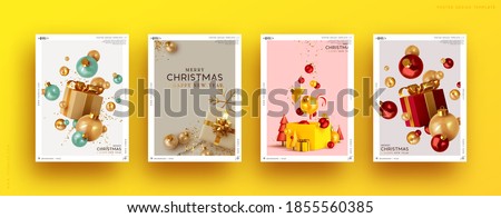 Set of Christmas and New Year holiday gift cards. Xmas banners, web poster, flyers and brochures, greeting cards, group bright covers. Design realistic Christmas decoration objects gift box and ball.