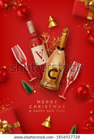 Merry Christmas and Happy New Year. Red Xmas Background design realistic alcohol bottle of champagne and wine, festive decorative objects gift box, balls, Christmas tree and pine tree, golden confetti