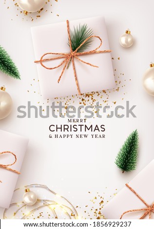 Merry Christmas and Happy New Year. Xmas Background design lights garland, realistic gifts box, white balls and glitter gold confetti. Christmas poster, holiday banner, lush green tree and pine.