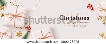 Christmas banner. Background Xmas design of realistic white gift box, 3d render decorative holiday objects, Horizontal poster, greeting card, headers for website. Merry Christmas and Happy New Year.