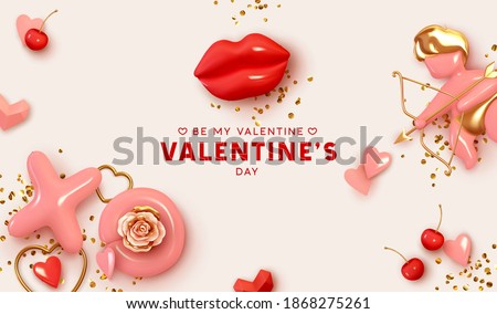 Valentines Day festive background on February 14. Holiday decor realistic 3d objects, love angel cupid, red lips, XO symbol, pair of cherries, render shape heart, Realism design banner and web poster.