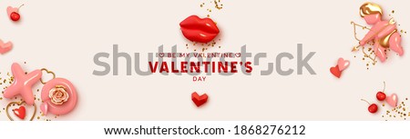 Happy Valentines Day horizontal header for website. Holiday decor realistic 3d object, love angel cupid, red lips, XO symbol, pair of cherries, render shape heart, Realism design banner and web poster