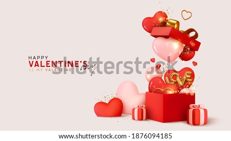 Valentine's day design. Realistic red gifts boxes. Open gift box full of decorative festive object. Holiday banner, web poster, flyer, stylish brochure, greeting card, cover. Romantic background Foto stock © 