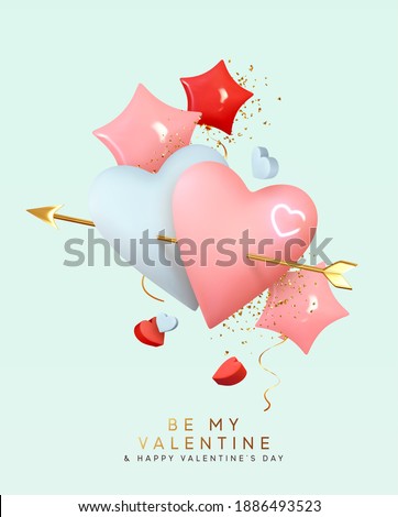 Valentines day holiday gift card. Couple pink and blue heart shaped balloons pierced by cupids golden arrow. Realistic helium ballon shape stars, red rose color. Festive 3d object. Romantic background