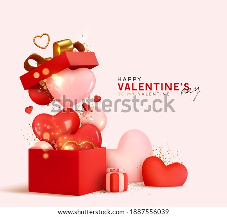 Valentine's day design. Realistic red gifts boxes. Open gift box full of decorative festive object. Holiday banner, web poster, flyer, stylish brochure, greeting card, cover. Romantic background