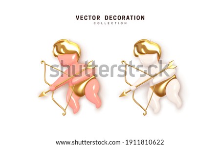 Cupid with bow and arrow. Realistic character figure made of glass ceramics metal. 3d object for romantic design. Pink and white gold cupid. Decor for Valentine's Day, Wedding. Vector illustration