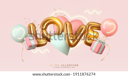 Romantic creative composition. Happy Valentine's Day. Realistic 3d festive decorative objects, heart shaped balloons and Love letter. falling gift box, glitter gold confetti. Holiday banner and poster