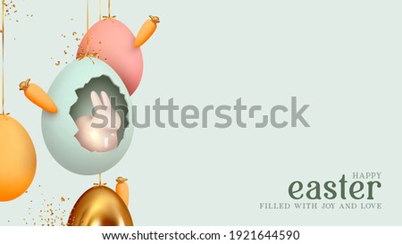 Happy Easter day. Festive background design with realistic colorful eggs, easter bunny, rabbit in an egg hanging on ribbon. Creative holiday composition. Banner and poster. Brochure and flyer