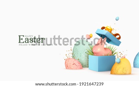Easter day design. Realistic blue gifts boxes. Open gift box full of decorative festive object. Holiday banner, web poster, flyer, stylish brochure, greeting card, cover. Spring Easter background