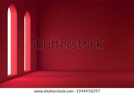 Realistic spacious 3d room with large windows. Red Empty room. vector illustration