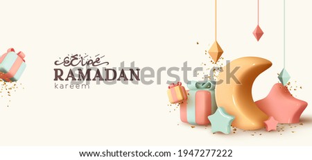 Ramadan Kareem holiday design. Celebrate Ramadan Holy month in Islam. Background Realistic with 3d object. Festive banner, poster, flyer, stylish brochure, greeting card, cover. Website for header