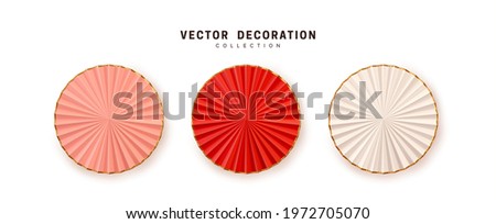 Graduation paper party fans. Set of realistic Red and White pink realistic 3d decor, new year eve holiday, nye decorative object isolated on white background. Vector illustration