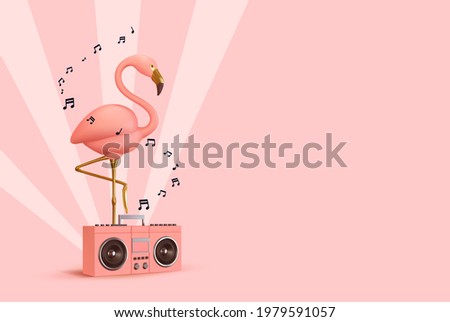 Pink flamingo with Music player. Realistic 3d design of objects. Musical summer concept background. Vector illustration