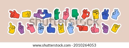 Cartoon hands abstract drawn comic. Set of Hand multicolored different signs and symbols. Drawing style Sticker decals. Retro Y2K. Vector illustration
