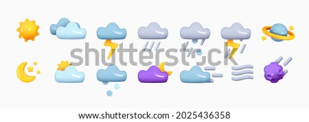 Icon set cloud weather. Realistic 3d symbol design. Complete collection. Vector illustration