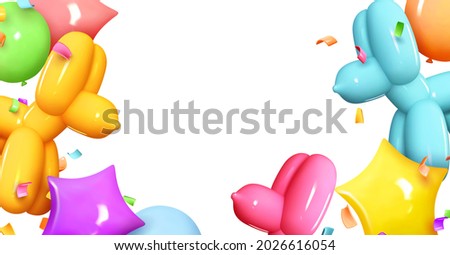 Colorful balloons with helium. Design for birthday, wedding. Romantic creative banner, template, Borders space for text. Holiday poster, flyer, stylish brochure. Realistic vector 3d decorative objects