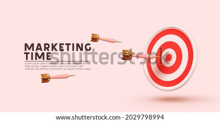 Marketing time concept. Targeting the business. Realistic 3d design red target and arrows. Vector illustration
