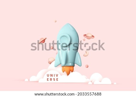 Flying space rocket in space around the planets. Spaceship launch. Rocket 3d icon. Realistic creative conceptual symbols. Logo ship. Launch business product on market. Vector illustration 商業照片 © 
