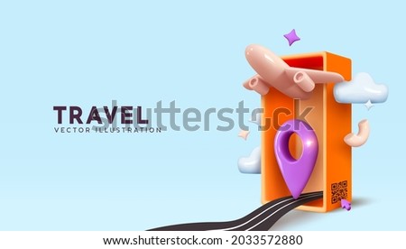 Travel by plane creative concept. Realistic 3d design airplane takes off from suitcase with barcode. Flight restriction during pandemic. Composition isolated on blue background. Vector illustration