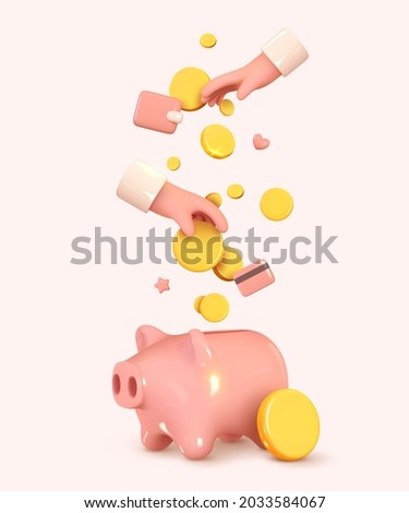 Money Piggy bank creative business concept. Realistic 3d design. Pink pig, Human Hand keeps throws and gold coins. Safe finance investment. Financial services. Vector illustration