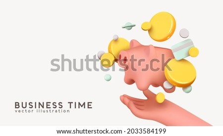 Pig piggy bank in the palm of hand. Money creative business concept. Realistic 3d design gold coins and credit card. Safe finance investment. Financial services. Web site Landing. Vector illustration