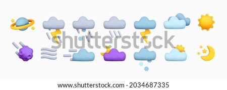 Icon set cloud weather. Realistic 3d symbol design. Complete collection. Isolated on white background. Vector illustration