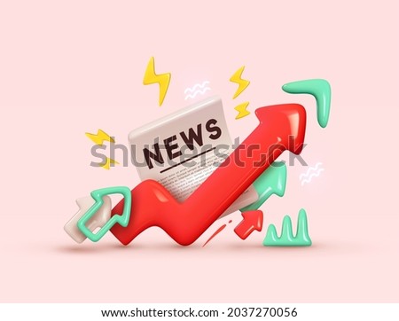 Financial news. Trading stock news impulses. Market movements creative concept charts up, infographics. Realistic 3d design. Growth World economy. Icon Red curve arrow of trend. Vector illustration