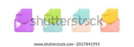 Set of File, envelopes, realistic 3d icon. Open Email with document. Post mail letter. Multicolored  logo design isolated. Vector illustration